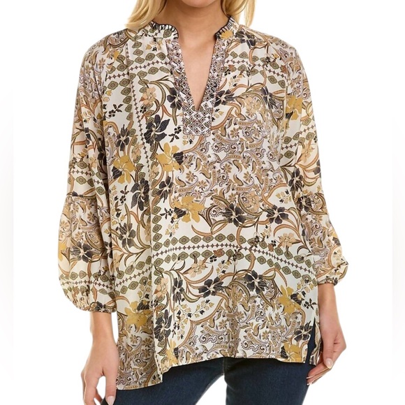 Johnny Was Tops - Johnny Was Phoenix Silk Boho Floral Tunic Blouse Long Sleeve V-Neck Size S